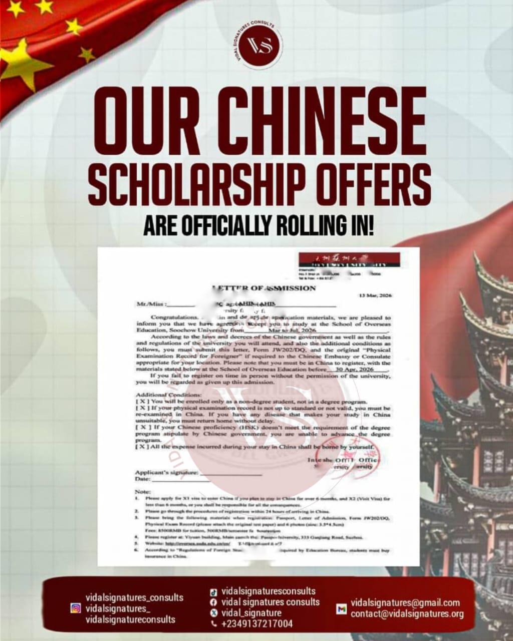 Redacted letter of admission for an overseas education programme in China dated March 2026