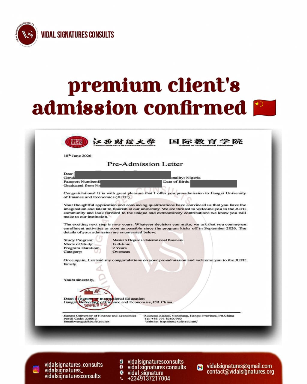 Privacy-redacted pre-admission letter from Jiangxi University of Finance and Economics dated June 2026