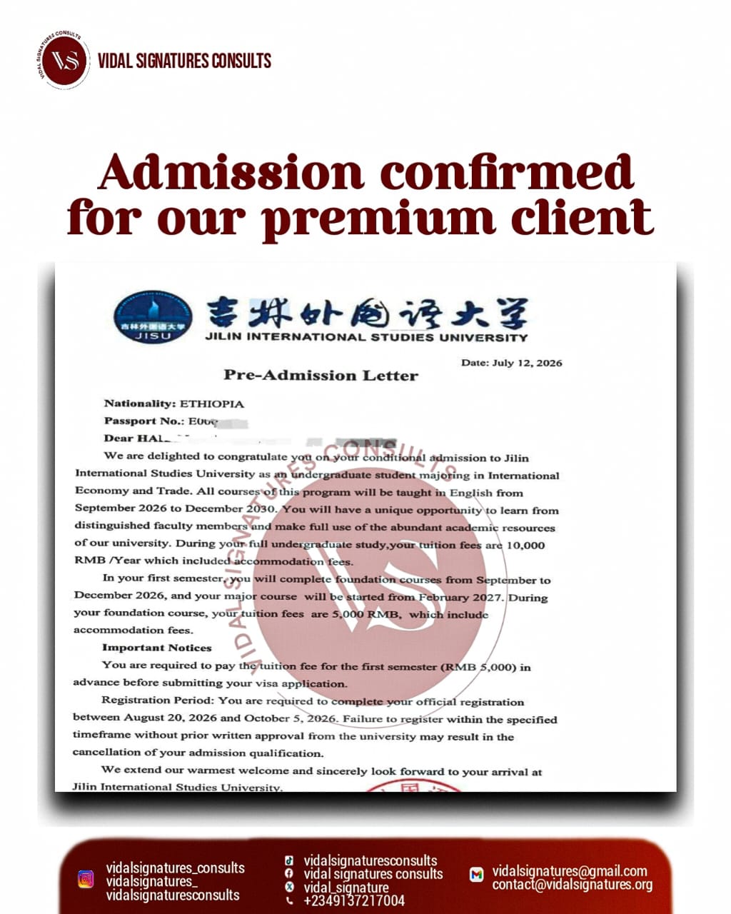 Redacted pre-admission letter from Jilin International Studies University dated July 2026