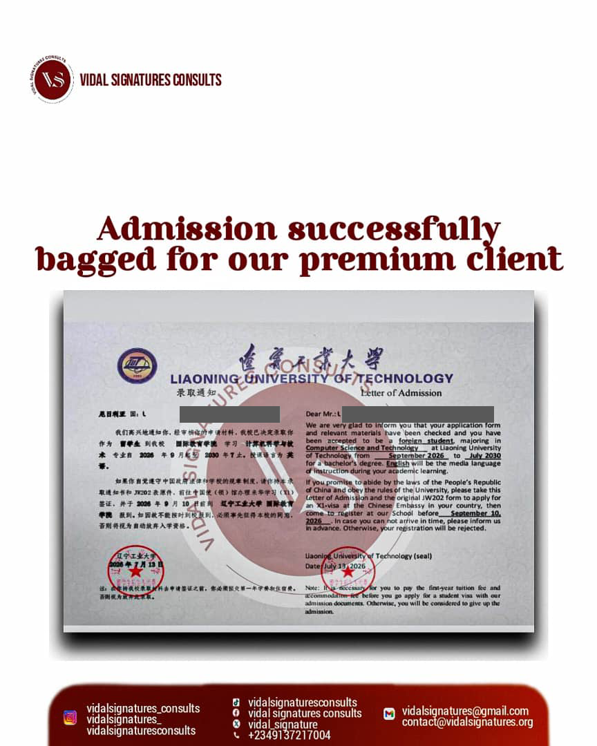 Privacy-redacted admission letter from Liaoning University of Technology dated July 2026