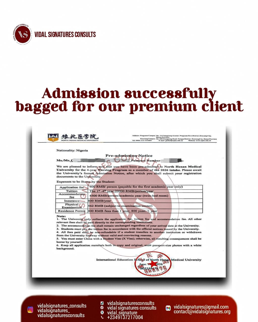 Redacted pre-admission notice from North Henan Medical University dated June 2026